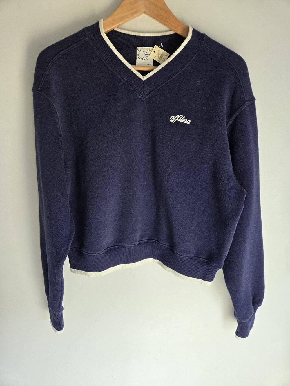 OFFLINE by AERIE V-Neck Navy Sweatshirt with Cream Trim